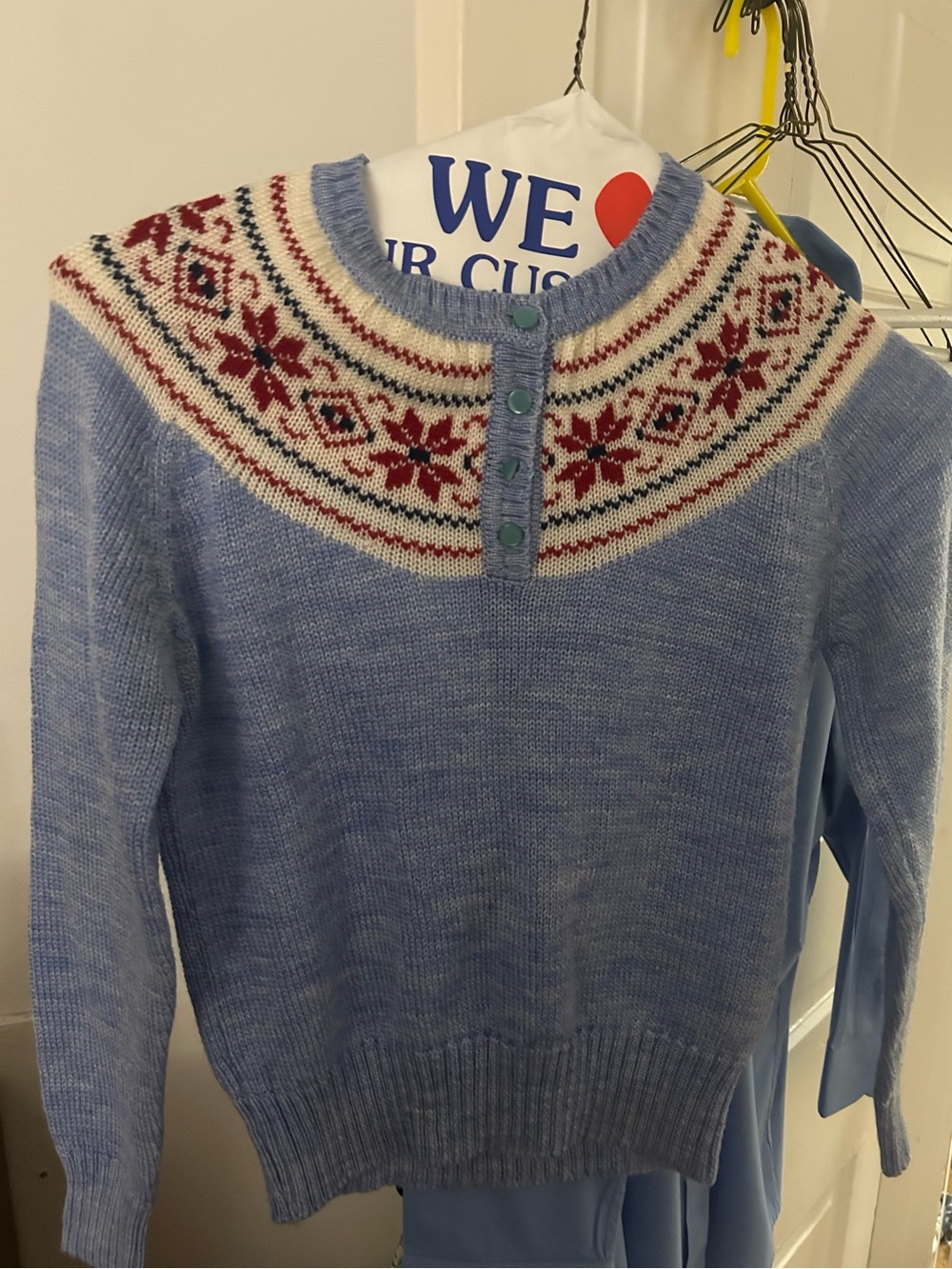 XS Vintage Light Blue Nordic Yoke Sweater with Red Pattern